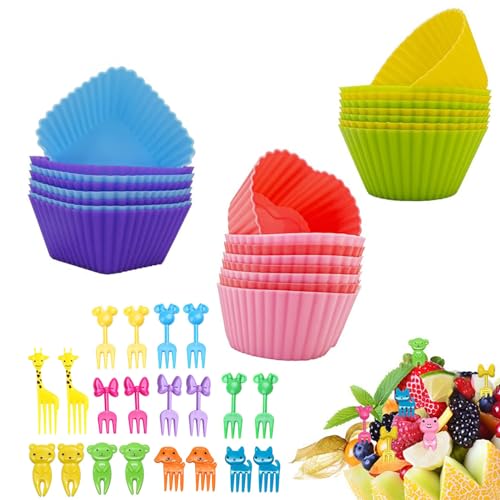 44 Pcs Bento Lunch Box Accessories,Includes 24 Pcs Thicken Silicone Cupcake Liners,20 Cute Animal Food Picks, Easy to Preparing Lunch and Make Lunchtime Fun