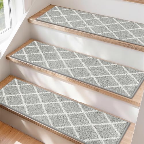 COSY HOMEER Edging Stair Treads Non-Slip Stair Carpet Mat 28inX9in Indoor Stair Treads for Wooden Steps, Stair Runner Rugs for Kids and Dogs, 100% Polyester TPE Backing 4pcs,Grey Grey+white