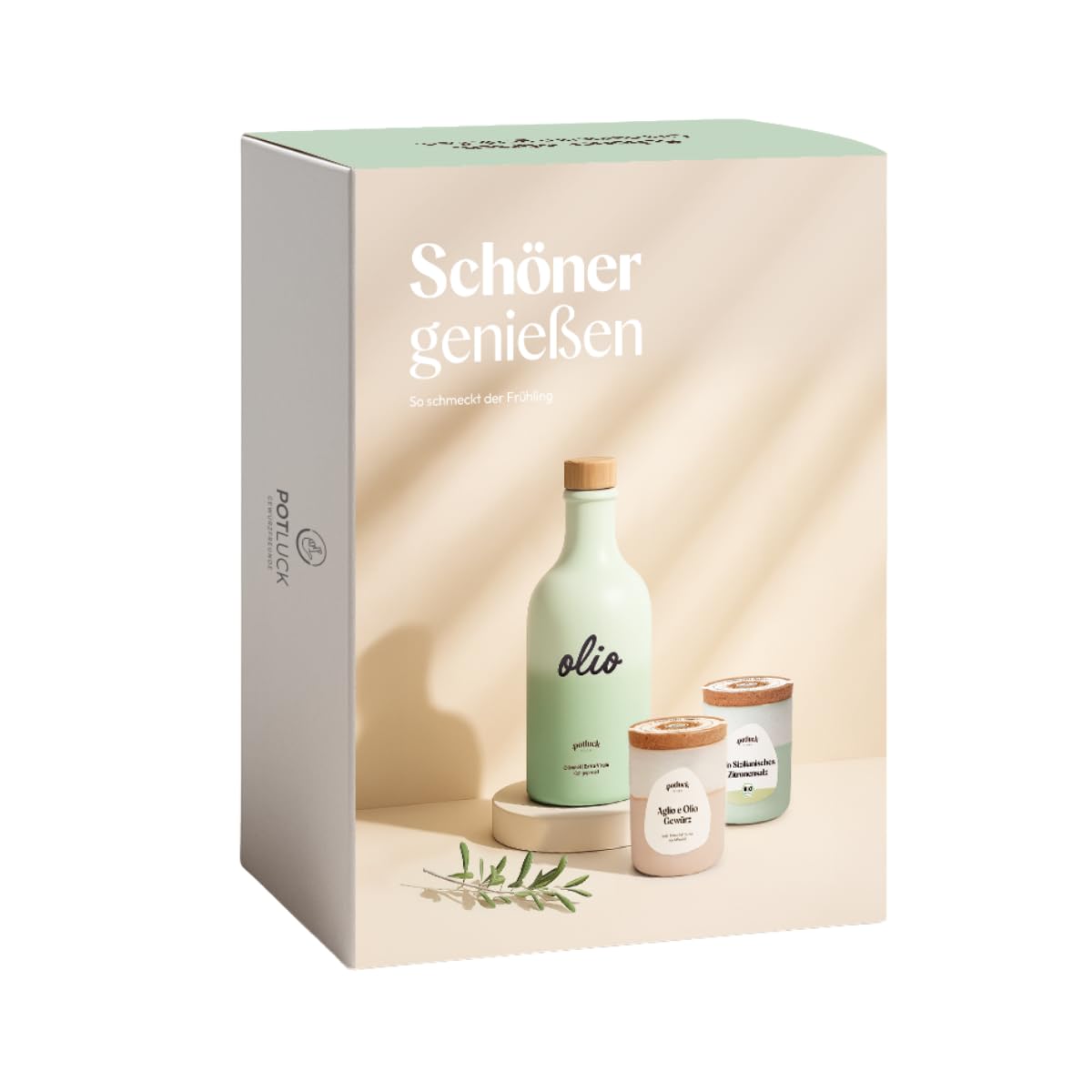 Potluck | Olio Special Box | Design Edition Grün | Geschenkset Olivenöl, Aglio e Olio Gewürz und Sizilianisches Zitronensalz | Gesunde Ernährung, Lecker Essen für zu Hause