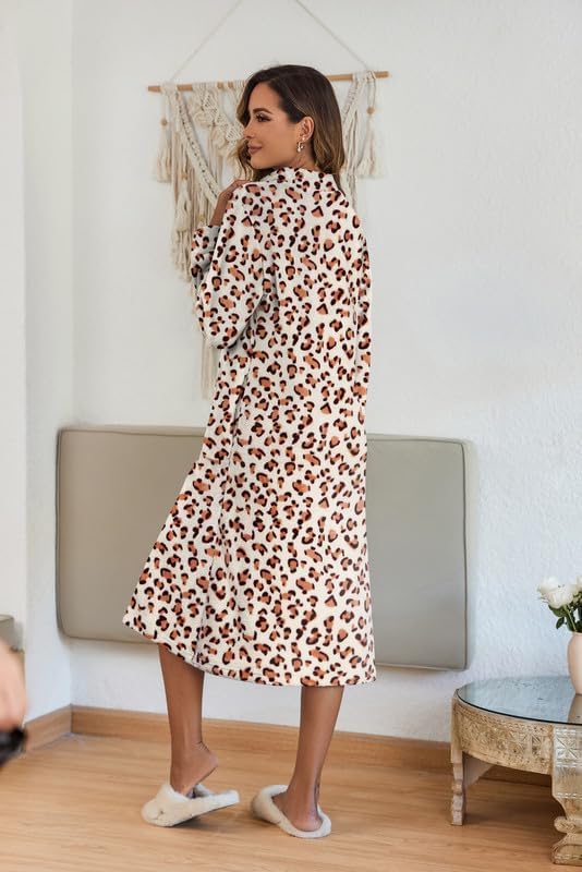 Ekouaer Women's Zip Up Robe Fleece Bathrobe Long Zipper Lounger Warm Housecoat Long Sleeve Nightgown with Pockets, Red Stars, Large - Image 4