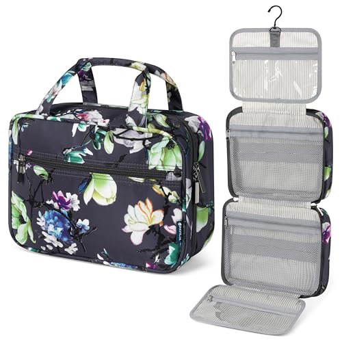 PAVILIA Hanging Toiletry Bag Travel Bag Women Men, Foldable Cosmetic Organizer, Roll up Makeup Bag, Water Resistant Accessories Toiletries, Large Travel Essentials Kit (Grey Floral)