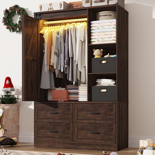 Farmhouse 3 Doors Armoire Wardrobe Closet w/Folding Sliding Barn Door and Lights, LED Armoire Closet...