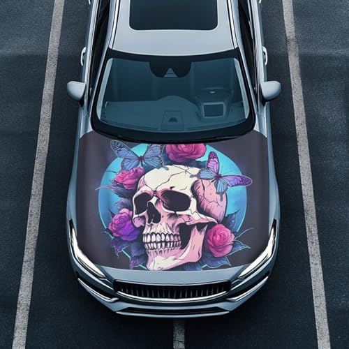 Image of Car Hood Cover for Leaves, Car Bonnet Banner, Universal Fit, Skull Butterfly Rose Waterproof Automotive Hood Covers