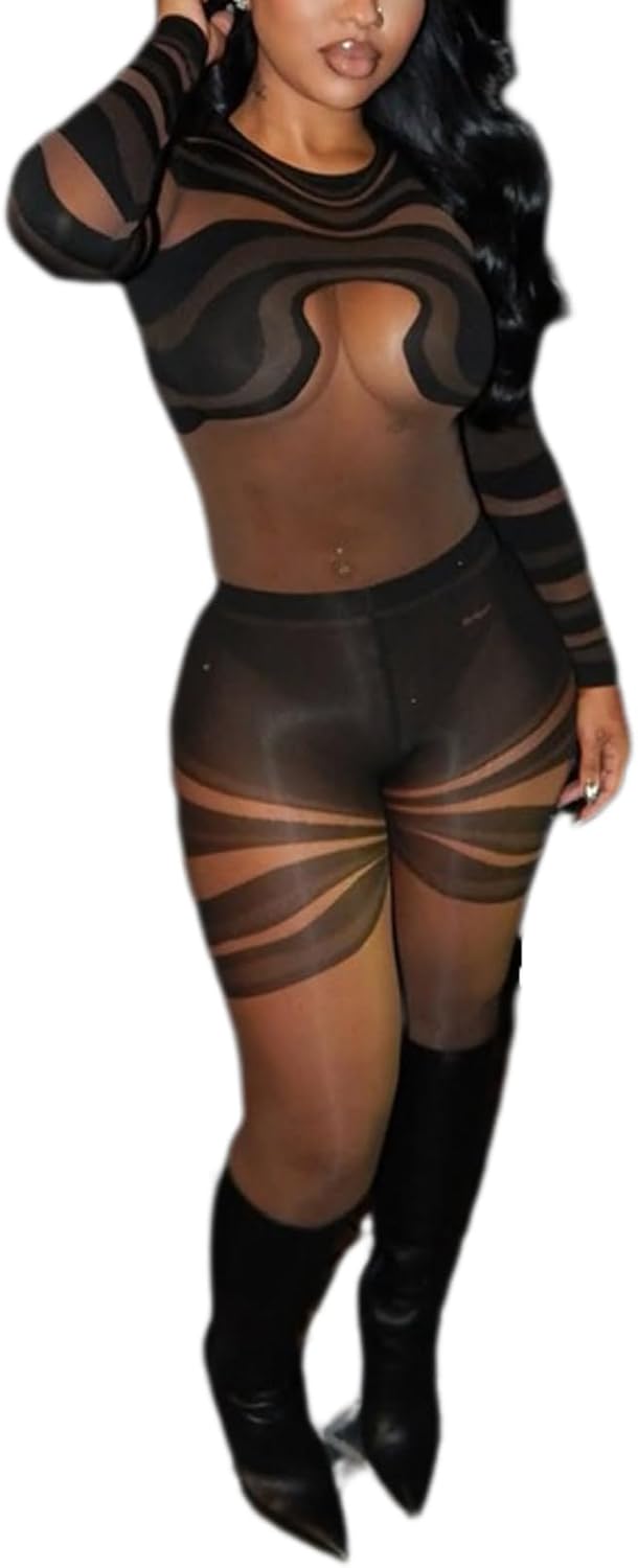 Sexy Jumpsuits for Women Print See Through Long Sleeve Jumpsuit Bodycon Mesh Jumpsuit Party Club Outfits