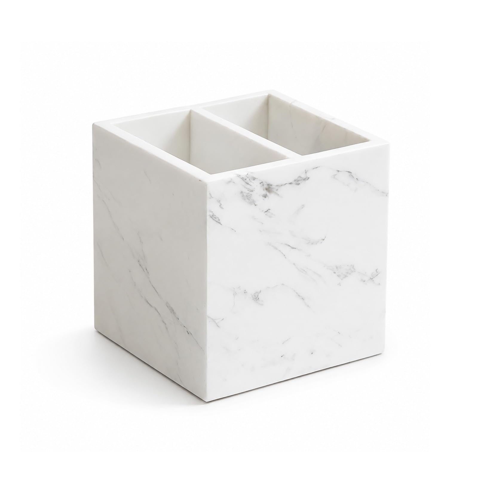 SIRIZEN-DIVING White Marble Pen Holder with 2 Compartments 3.94 Inch