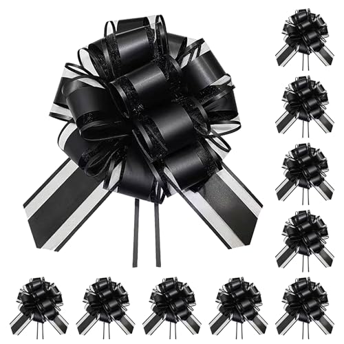 TIMESEEK 10-Pack Jet Black Pull Bows for Gift Wrapping - 6 Inch Reusable Ribbon Bows Large Instant Floral Decor Bow for Wedding Christmas Birthday Decor Gift Basket & Party Decorations
