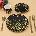 175 Pcs Black and Gold Party Supplies, Serves 25 Black Gold Foil Dot Disposable Dinner Tableware Set Gold Plastic Forks Spoons Knives Plates Napkins Cups Party Supplies for New Years Birthday - Image 5