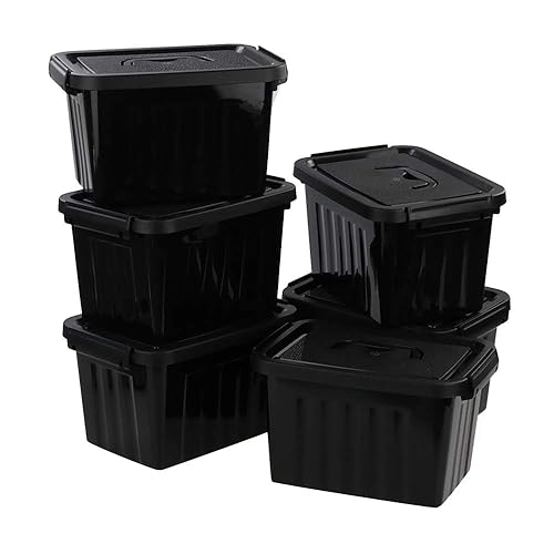 6 Quart Black Plastic Storage Latching Box Bin with Handles,