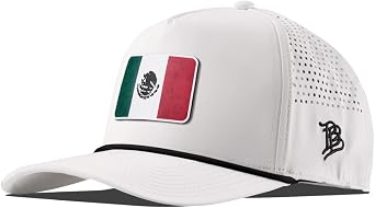 Branded Bills Mexico Flag 5 Panel Rope Hat for Men | Raised PVC rubber patch, moisture-wicking sweatband, breathable perforated side panels, water-resistant shell