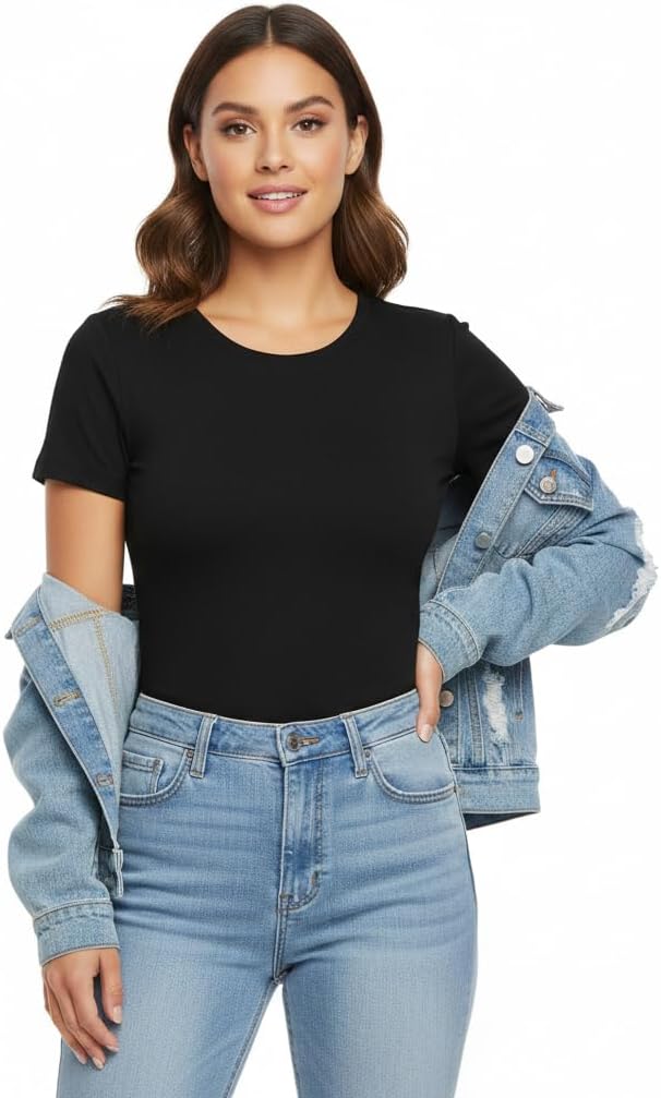 XFit Women's Crew Neck Short Sleeve Thong Bodysuit T Shirts Basic Slim Fitted Crew Neck Body Suit Tops Cotton Stretchy - Image 6