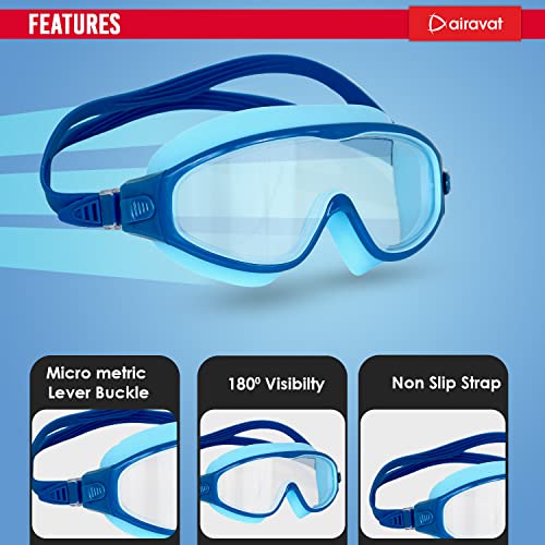 Image of AIRAVAT Macho swimming goggles for Kids Children Teens, polycarbonate goggles, Anti-Fog, Anti-UV, Wide View Swimming Goggles, Free size (Blue Combo)