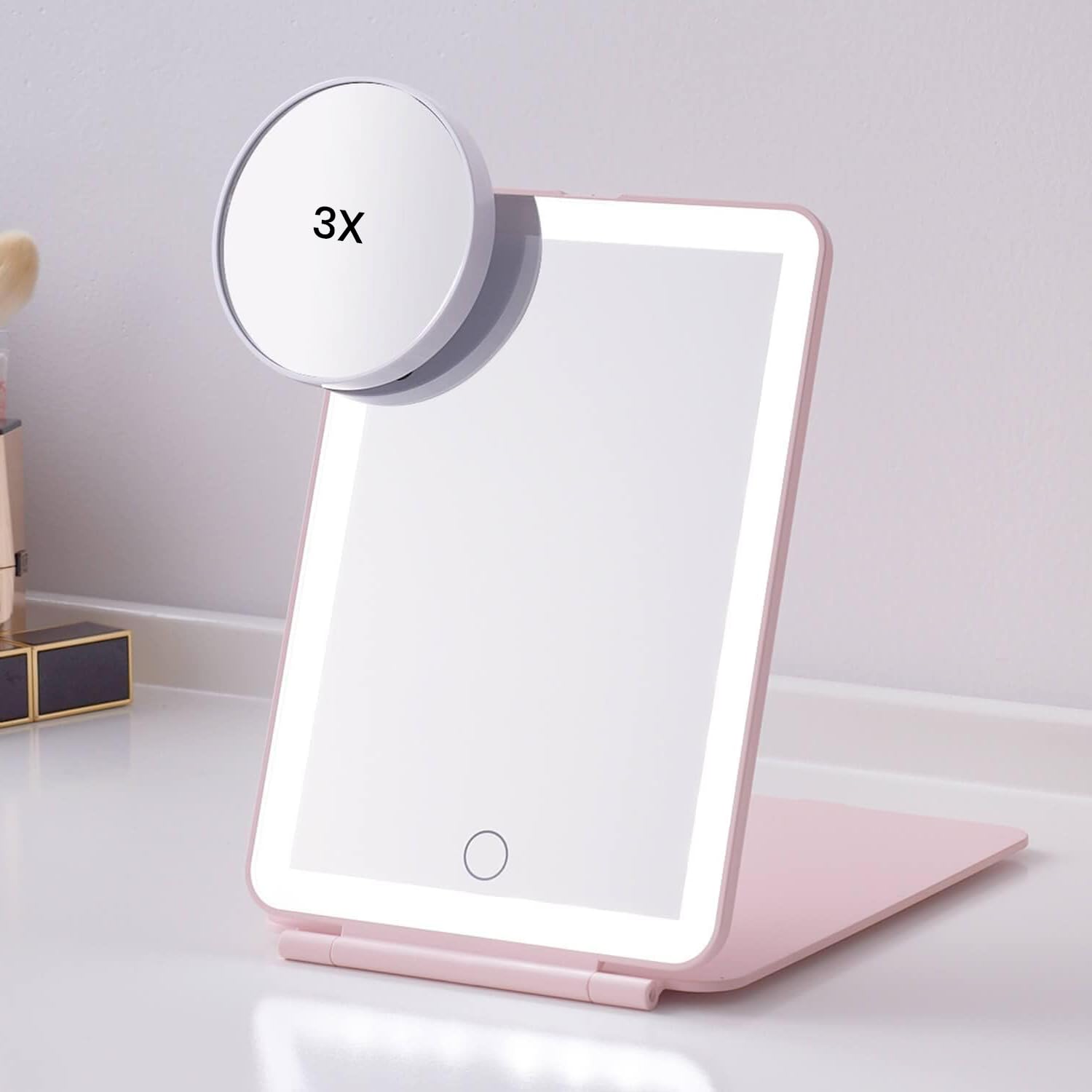 STELLIFEROUS Lighted Makeup Plastic Frame Mirror|Portable Monochromatic Vanity Mirror With Adjustable Lighting Rechargable With Usb Micro-B Connector (Misty Rose, Framed, Tabletop Mount, Rectangular)