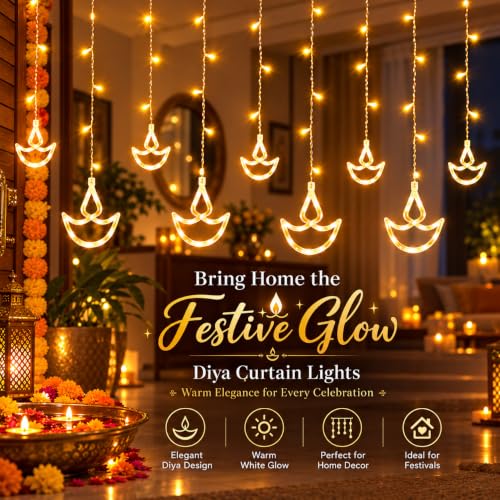 One94Store 12 Diya Curtain String LED Lights – 3 WW Diya Curtain - Image 3