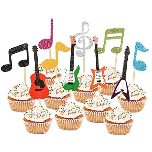 Hokpa Music Notes Cupcake Toppers 24Pcs Guitar Cupcake Toppers Rock Cupcake Toppers For Musician Birthday Party Baby Shower Decor #TOP14