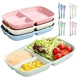 4 Stk Geteilte Teller mit Unterteilung, Geteilte Speiseteller Set mit Messer Gabel Löffel, 27cm Unzerbrechliches Geschirr Portionskontrolle Menüteller, Wiederverwendbare Teller für Erwachsene & Kinder