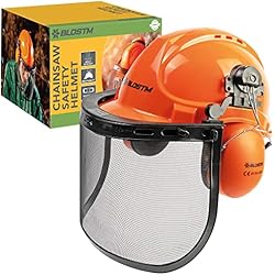 Caretas Protectoras Para Cascos Seguridad BLOSTM Casco de Seguridad para Motosierra - Casco Desbrozadora 3 en 1 Naranja con Visera de Malla de Acero y Orejeras de Protección Auditiva, Casco Obra y Forestal, Antiruido, Resistente a Impactos