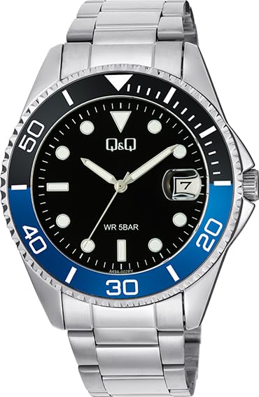 Image of Q&Q Men's Analog Stainless Steel Watch | Black Dial with Date Window | Non-Rotating batgirl Bezel | Silver Stainless Steel Strap | 50M Water Resistant | Stylish Casual & Formal Wrist Watch for Men - A49A-002PY