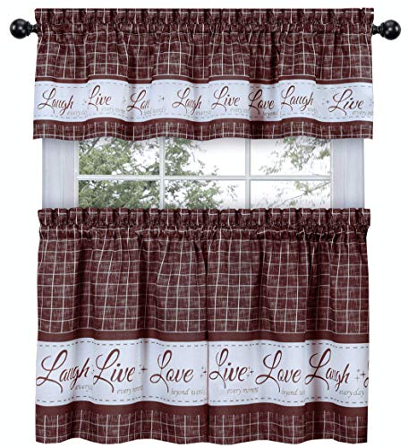 GoodGram Country Gingham Check Live~Laugh~Love 3 Pc. Café Plaid Kitchen Curtain Set - Assorted Colors & Sizes (Burgundy, 36 in. L)