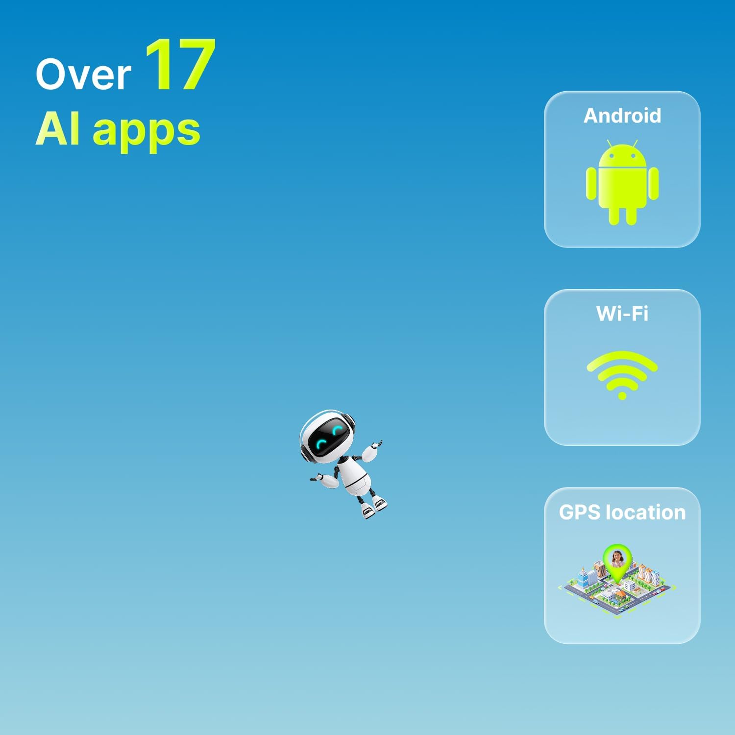 FOREVER KW-530 Smartwatch highlighting AI apps, Android OS, Wi-Fi, and GPS location capabilities.