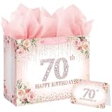 Laidans Large Pink 70th Happy Birthday Gift Bag with Tissue Paper and Card for Women Party (Rose Gold) (70th)
