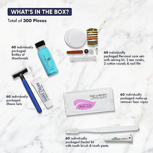 Personal Care Travel Size Toiletries | 1-Shoppe All-In-Kit Hotel Amenities Bulk | Travel Shaving Set, Toothbrush & Paste, Mouthwash, Makeup Wipes, Swabs, Nail File & Sewing Kit | 300 Pcs - Image 4