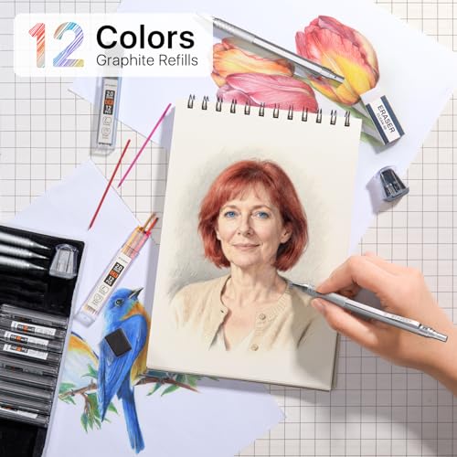 Image of 35Pcs Art Mechanical Pencil Set with Case, 0.5 0.7 0.9 2.0 Graphite Metal Drawing Drafting Pencils, Sharpener Erasers 384PCS Lead Refills (6B 4B 2B HB 2H 4H Colors)Pencils for Writing Sketching,Silver