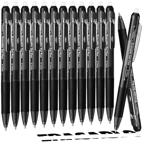 sunacme Retractable Erasable Gel Pens, 12 Solid Black Fine Point Erasable Pens Clicker, Make...