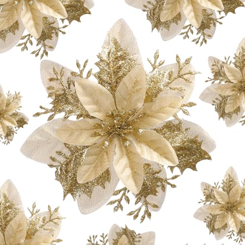 Poinsettias Artificial Christmas Flowers Decorations - 12 Pcs Artificial Gold Poinsettia Flowers for Christmas Tree,Fake Glitter Poinsettia 5.5" with Clips Stems for Home Outdoor Decor(Gold)