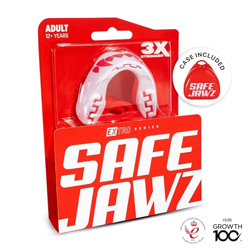Image of SAFEJAWZ Mouthguard Slim Fit, Adults and Junior Mouth Guard with Case for Boxing, Basketball, Lacrosse, Football, MMA, Martial Arts, Hockey and All Contact Sports (Pink Fangz, Youth (Up to 11 Years))