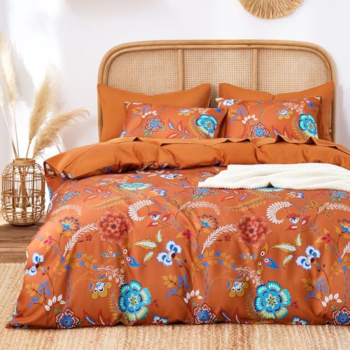 Wake In Cloud - Boho Comforter Set Floral Shabby Chic Style with Colorful Flowers and Funky Vines Pattern Soft Lightweight Bedding 3 Pieces Burnt Orange King Size