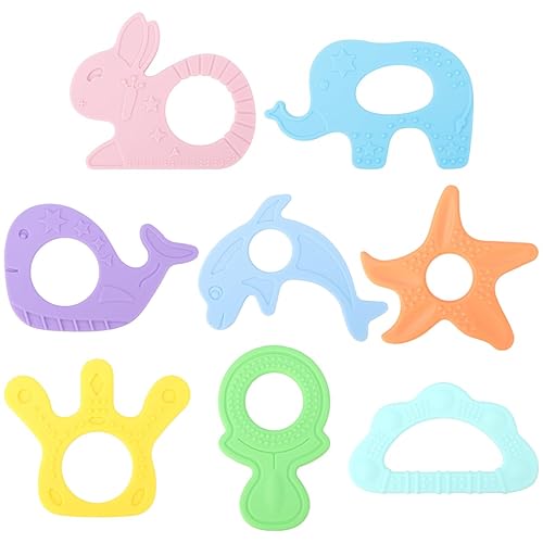 BEBOAN Juguetes de dentición de silicona para bebés, paquete de 8 lindos anillos de dentición para bebés, juguetes para masticar, mordedores
