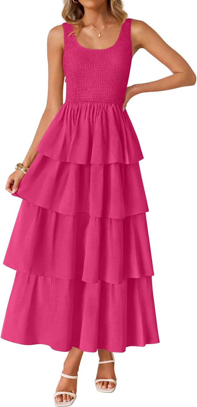 ZESICA Women's 2026 Summer Boho Sleeveless Midi Dress Scoop Neck Ruffle Tiered Layered Swing Long Beach Vacation Dresses