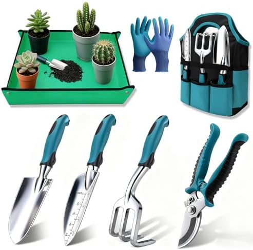 Set de 7 Herramientas de jardinería con Guantes y Bolsa de Almace...