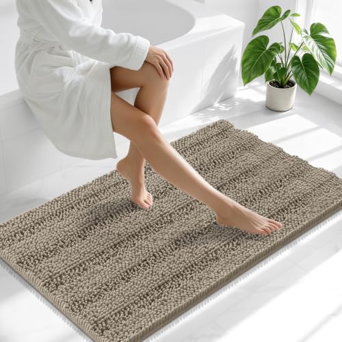 Image of Smiry Thick Chenille Bathroom Runner Rugs 44x24, Extra Absorbent Striped Bath Mat, Machine Washable, Rubber Backing, Long Bath Rugs for Bathroom, Tub & Shower, Home Decor Accessories, Warm Taupe