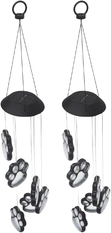 SUPVOX 2 Sets Paw Print Solar Wind Bells Chimes Garden Solar Powered Hanging LED Lamps for Garden Patio Party Yard Window Decorations