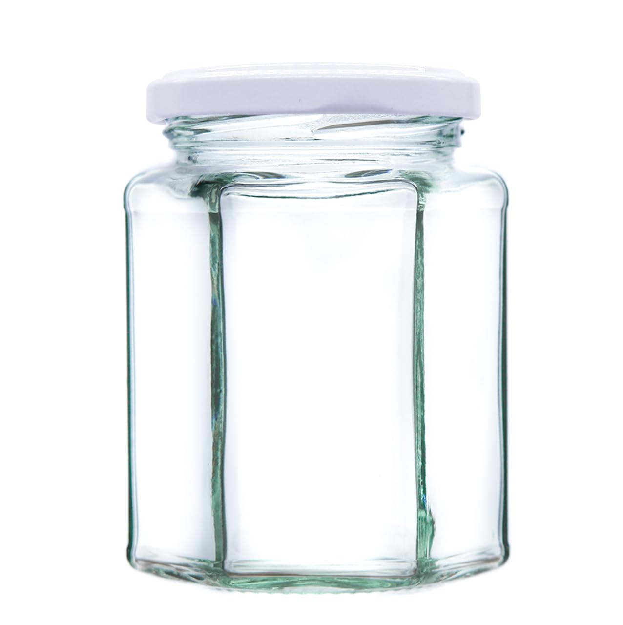 340g (280ml) Hexagonal Glass Jam Jars - Marmalade, Honey hex Jar (White Lid, Pack of 12)