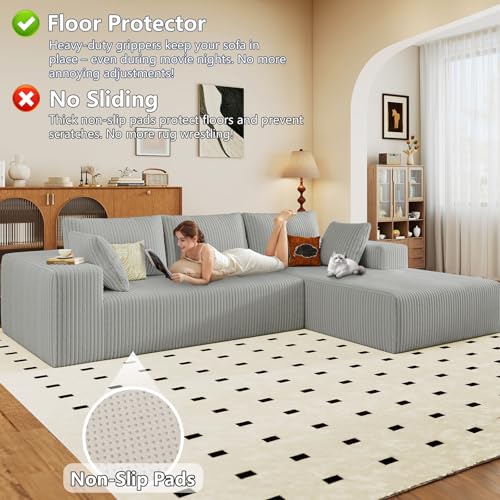 Image of 96 inch Modular Sectional Sofa, Modern Corduroy Cloud Couch with Deep Seat, Boneless Couch Upholstered 3-Seater L-Shaped Sofa for Living Room, No Assembly Required (Light Grey, Right-Facing Chaise)