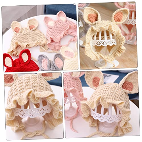 TOYANDONA Yarn Knitted Warm Hat with Bunny Ears Thermal Windproof Winter Cap for Boy Girl Months to Years Breathable Skin Friendly Crochet Cap in Beige2