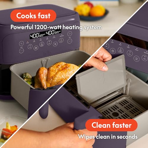 Image of bella 4 Qt TriZone Air Fryer, EverGood Ceramic Nonstick Coating, Dual Basket Design w Removable Divider, Digital Touchscreen Control w 6 Preset Cooking Options, 1200 Watt, 3lb Capacity, Plum