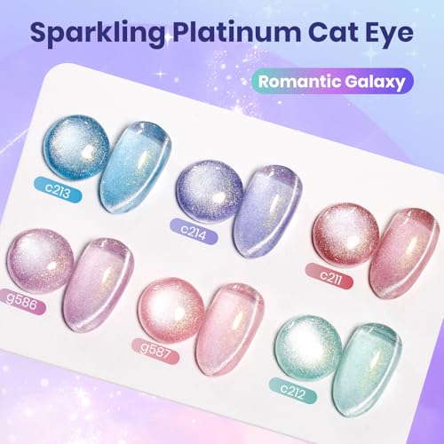 Image of Beetles Romantic Galaxy Cat Eye Gel Nail Polish Set - 6 Colors Glitter Gel Polish Kit Pink Blue Purple Red Green Velvet Gel Magnet Soak Off UV French Nail Art Manicure Spring Summer Gift for Women
