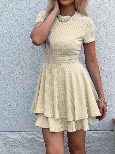 Image of Womens Summer Mini Dresses Short Sleeve Casual Crewneck Knitted Crochet Flowy Tiered Sundress