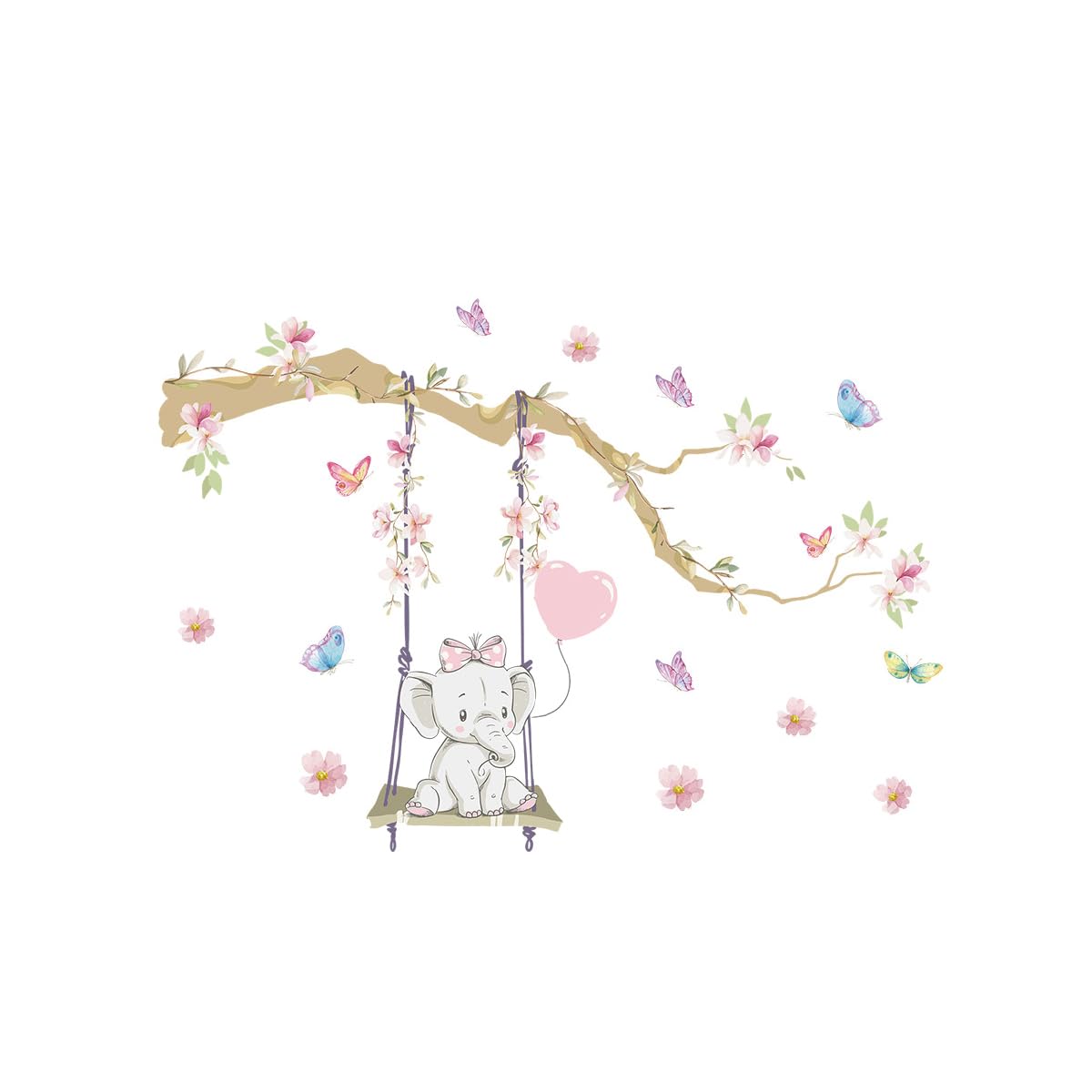 Kibi Wall Sticker for Children with Elephant on Swing Butterflies and Flowers, Wall Stickers for Children's Bedroom