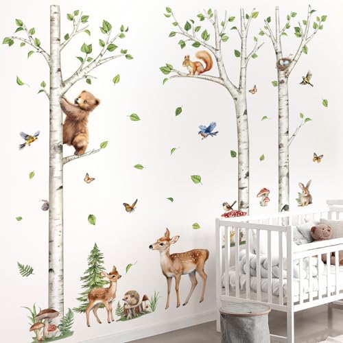 decalmile Large White Birch Tree Wall Decals Woodland Animals Bear Deer Rabbit Wall Stickers Living Room Baby Nursery Kids Room Wall Decor - Image 3