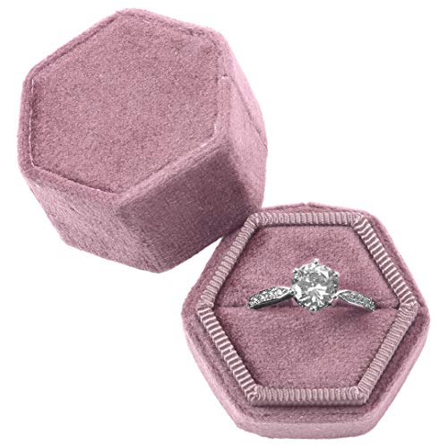 Koyal Wholesale Hexagon Velvet Wedding Ring Box, 1 Slot Velvet Ring Box Holder, Wedding Ring Boxes for Ceremony, Proposal, Engagement, Ring Bearer, Dusty Rose