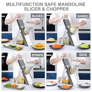SUPMAKIN Affettatrice a mandolina sicura, tritatutto per verdure, affettatrice regolabile, affettatrice per alimenti, rimovibile facile da pulire, articolo per tagliare sicuro in cucina, grigio