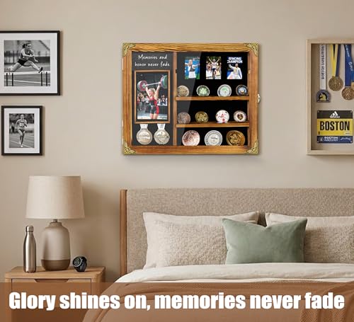 Image of Medal Display Case for Athletes, Lighted Shadow Box with Photo Frame, Wall Mount Display Holder with Removable Shelves for Medals, Challenge Coins, Memorial Gift for Achievement, Collectors, Wood