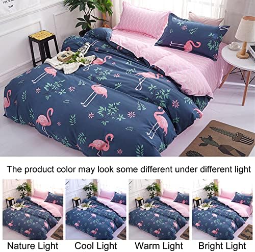 Flamingo Printed Duvet Cover Single Reversible Pink Flamingo Pattern Printed Blue Bedding Duvet Cover with Zipper Closure for Kids Girls Soft Microfiber 135X200 cm