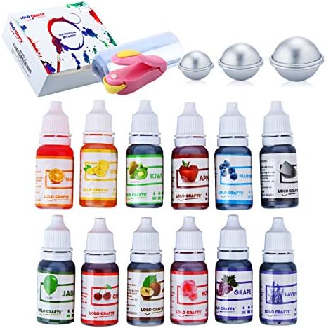 Soap Dye and Bath Bomb Molds -Bundle of 12 Liquid Colorant (10ml) 8 Bath Bomb Mold 25 Wrap Bags 1 Sealer for Natural Food Coloring Slime Pigment Food Dye Citric Acid Bath Bombs DIY Crafts Supplies