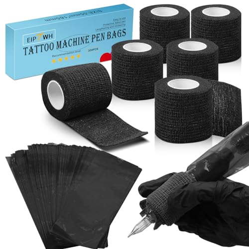 EIPTWH 200PCS Tattoo Pen Covers with 6PCS Tattoo Grip Tape Black Tattoo Machine Wraps Covers with Tattoo Pen Sleeves Bags Set Tattoo Supplies