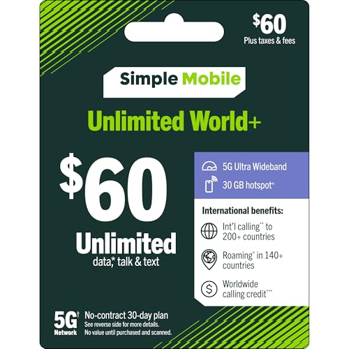 SIMPLE Mobile $60 Truly Unlimited Talk,Text,Data +ILD Plan [Physical Delivery]
